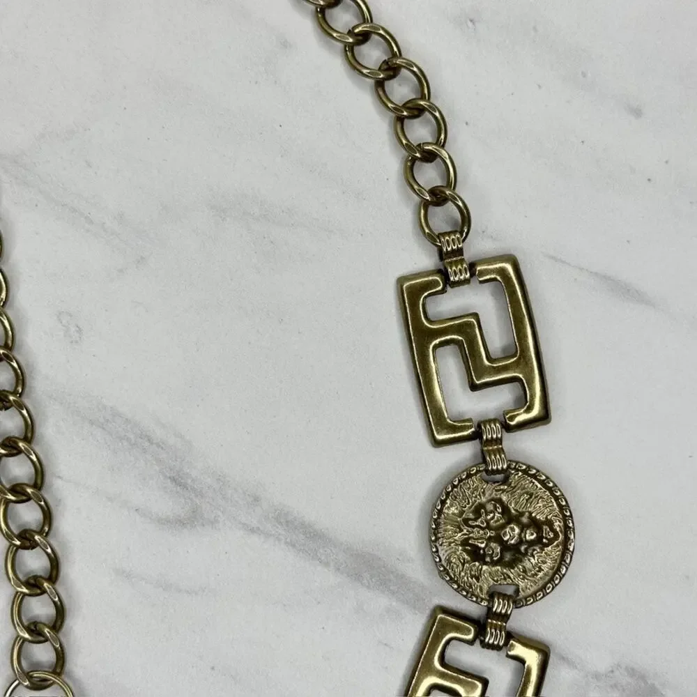 Vintage Gold Lion Head Greek Key Medallion Chain Link Belt Small/Medium (S/M) ✨